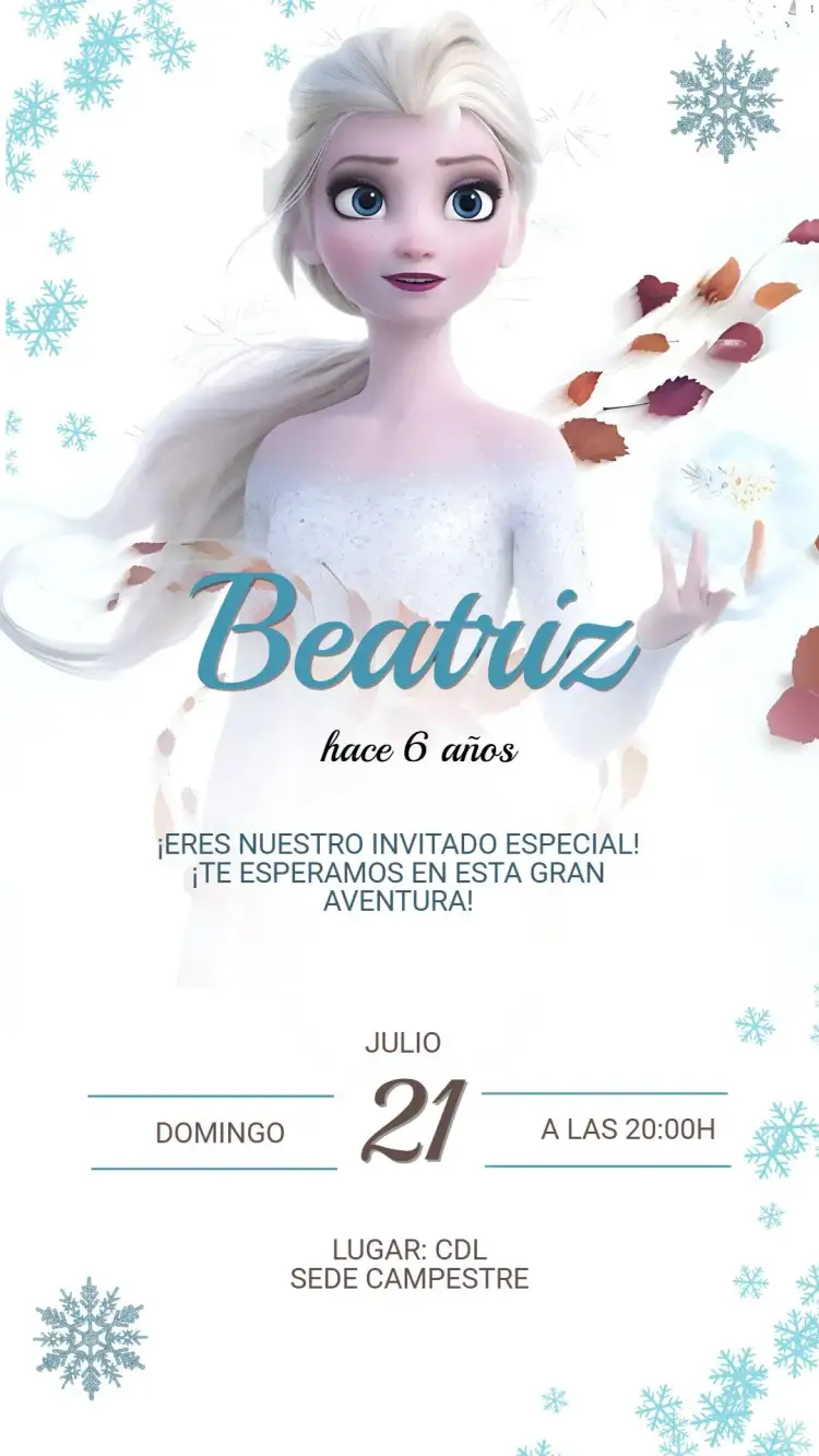 Invitación Invitación Digital Frozen Encantado - Infantil Personalizado – tema Cumpleaños Infantil colores fríos, estilo lúdico, elementos de hielo, inspirado en Disney, estilo divertido, ilustraciones encantadas