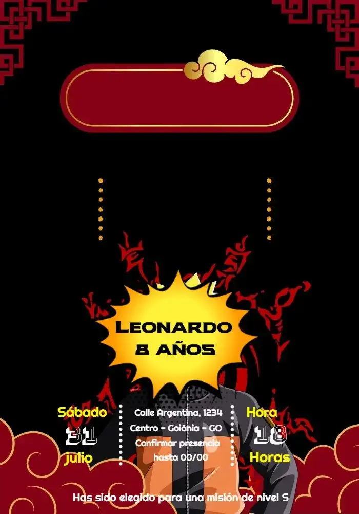 Invitación Naruto Negro – tema Cumpleaños Infantil moderno, colorido, jovial, anime, temático