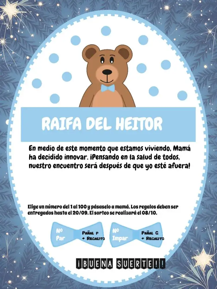 Invitación Té Rifa Osito Niño Poá – tema Té Rifa azul y blanco, osos adorables, polka dots, rayas, corbatín, infantil