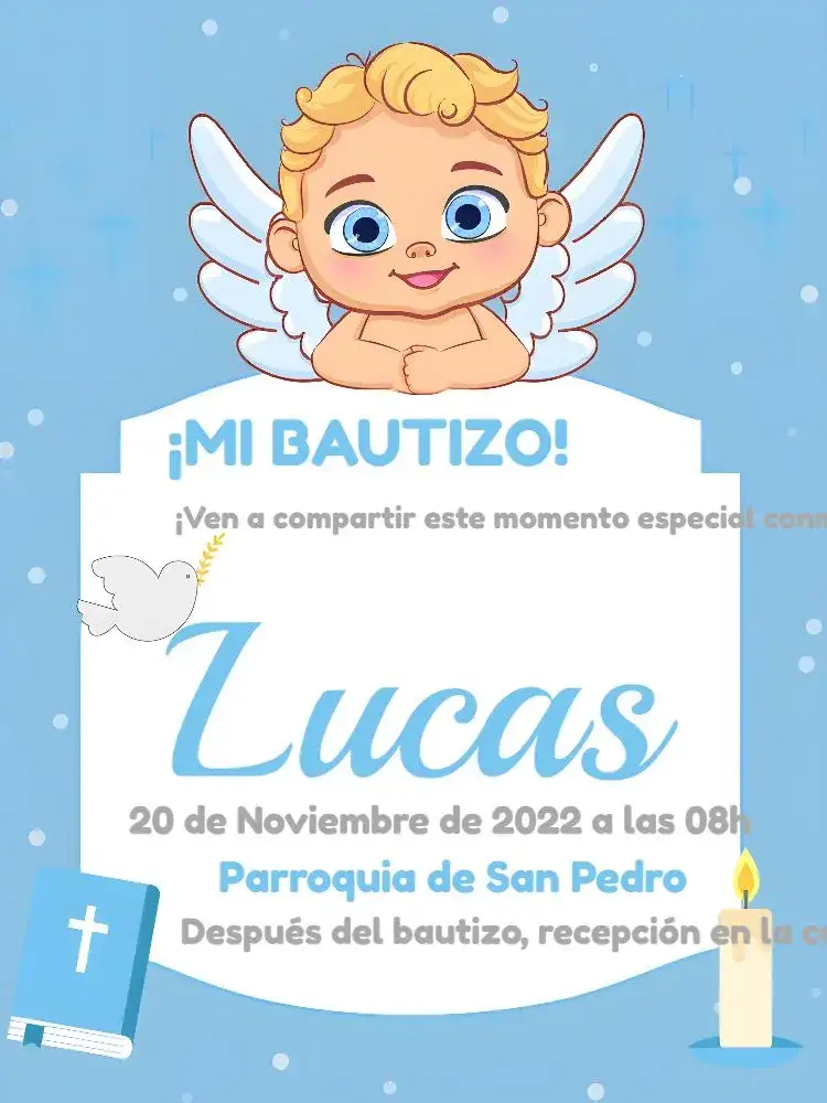 Invitación Bautizo Angelito Madrina – tema Bautismo azul, blanco, gris, angelito, minimalista