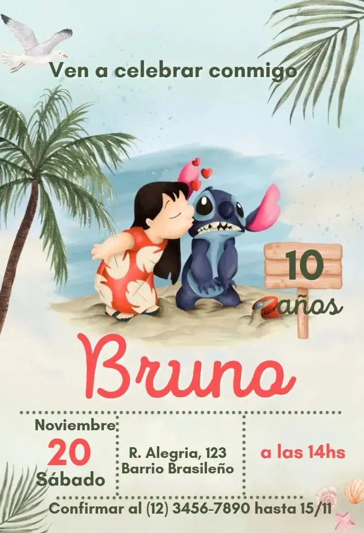 Invitación Lilo y Stitch – tema Cumpleaños Infantil colorido, divertido, tropical, animado, ilustrativo
