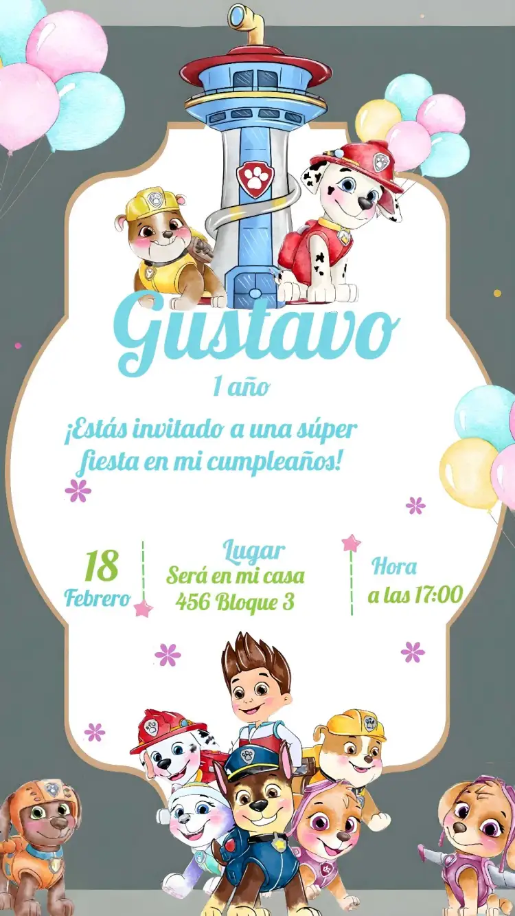 Invitación Patrulla Canina Verde – tema Cumpleaños Infantil divertido, colorido, infantil, moderno, temático, animado