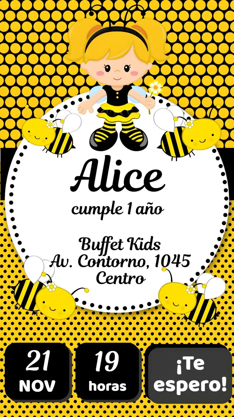 Invitación Abelhinha – tema Cumpleaños Infantil colores vibrantes, estilo lúdico, elementos gráficos naturales, tema de abejas, diseño alegre, estilo moderno
