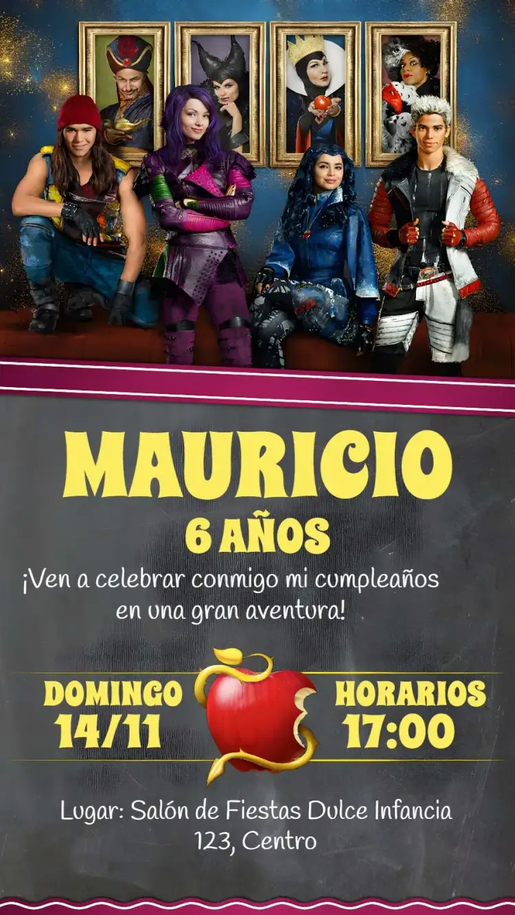 Invitación Película Descendientes Adolescente – tema Cumpleaños Infantil pizarra, moderno, colorido, infantil, aventura