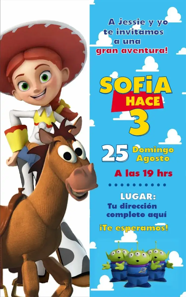 Invitación Jessie 1 – tema Cumpleaños colorido, divertido, infantil, temático, brincalhão