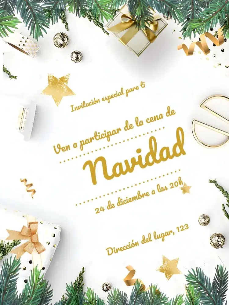 Invitación Navidad Confraternización – tema Fechas Conmemorativas rojo y verde, dorado y blanco, inspirado en copos de nieve, vintage navideño, moderno y minimalista