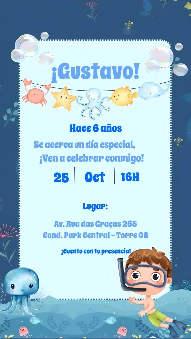 Invitación Fondo Del Mar Delicado – tema Cumpleaños Infantil acuarela, fondo marino, delicado, azul, infantil, divertido