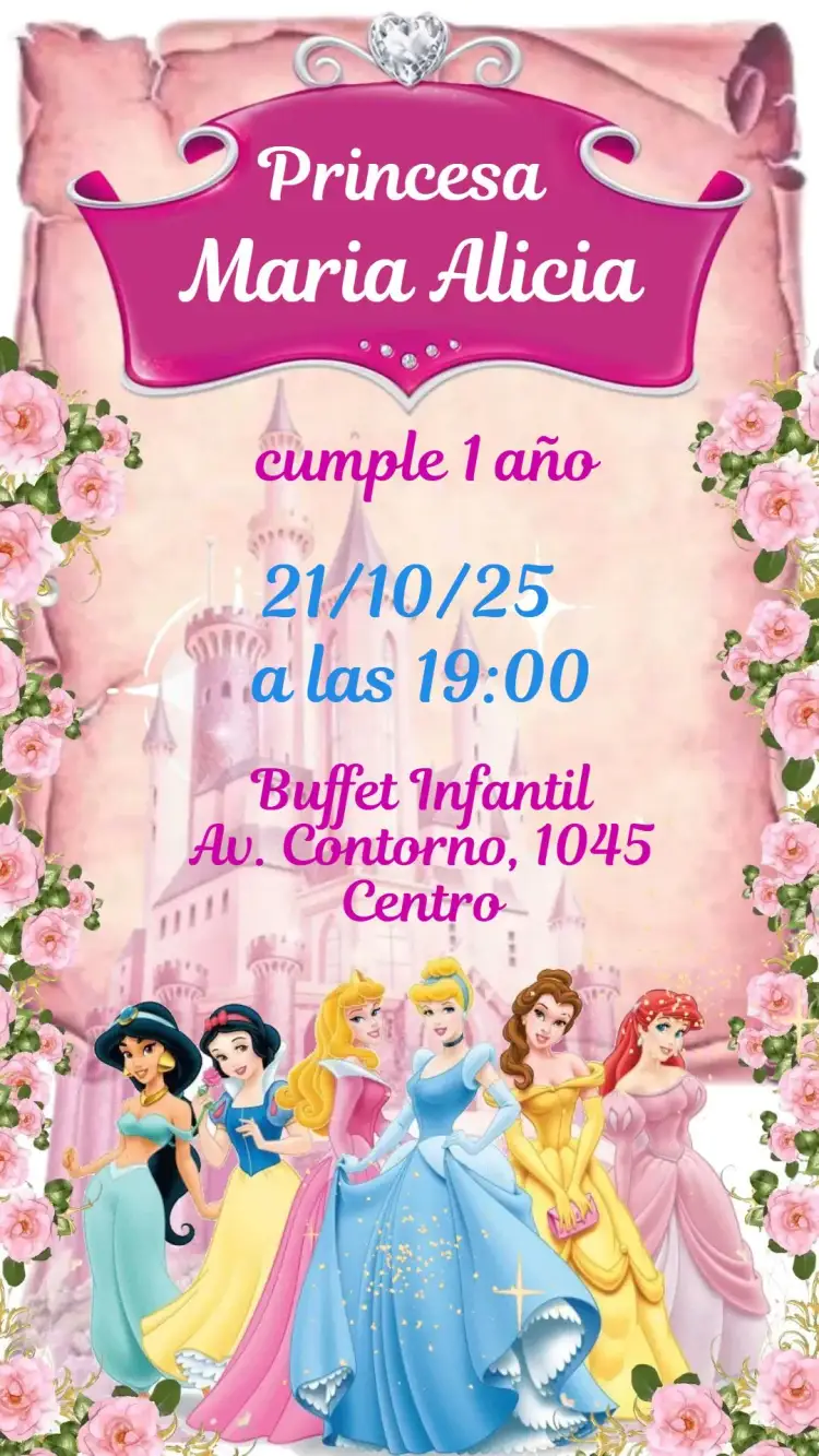Invitación Princesas Disney – tema Cumpleaños Infantil colorido, lúdico, mágico, temático, infantil