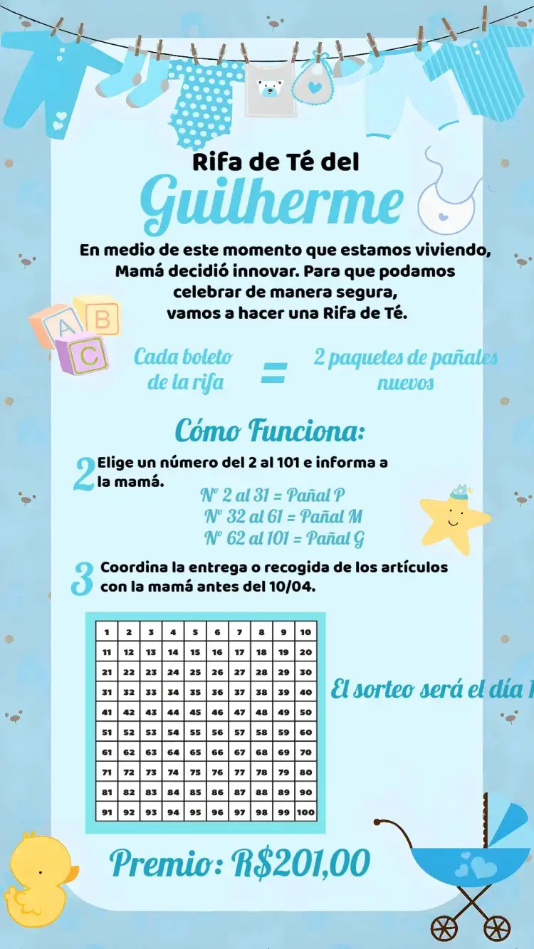 Invitación Té Rifa Tendedero De Ropa Rifacha – tema Té Rifa azul y blanco, estilo infantil, ositos, tendedero de ropa, moderno, divertido