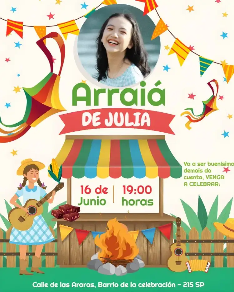 Invitación Arraiá San Juan Con Foto Globos – tema Fechas Conmemorativas vibrante, festivo, colorido, junino, tradicional, alegre