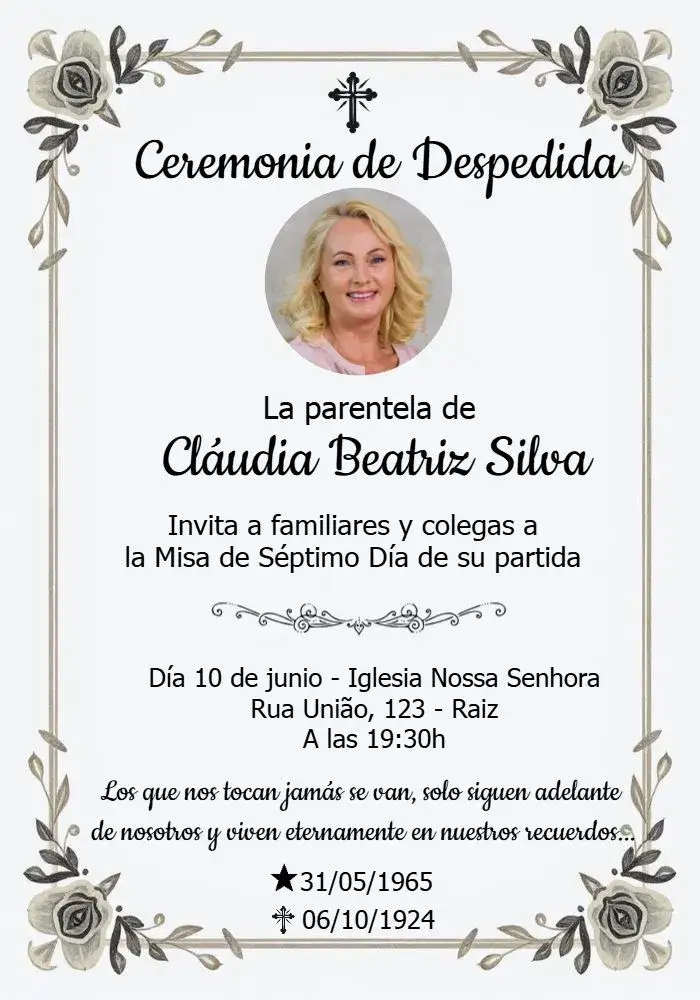 Invitación Misa De Séptimo Día Con Foto Religiosa – tema Fechas Conmemorativas floral, delicado, religioso, minimalista, sereno, suave