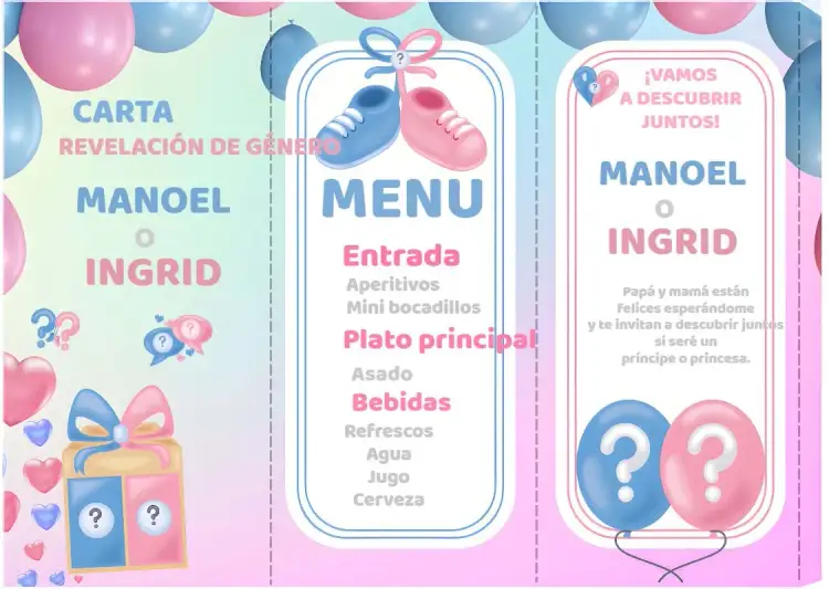 Invitación Menú Triángulo Revelación Género Tótem – tema Revelación Bebé moderno, triangular, azul y rosa, festivo, minimalista