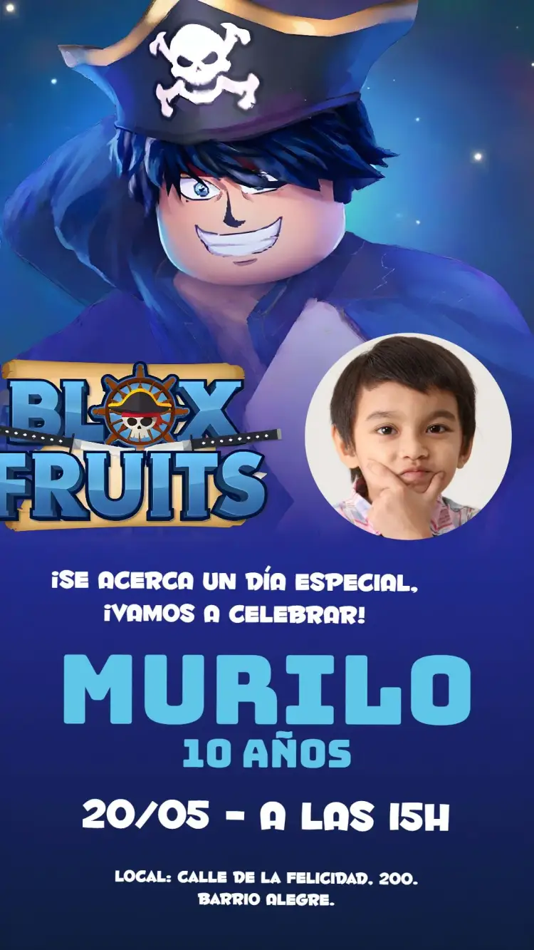 Invitación Blox Fruits Con Foto Roblox editable y personalizable