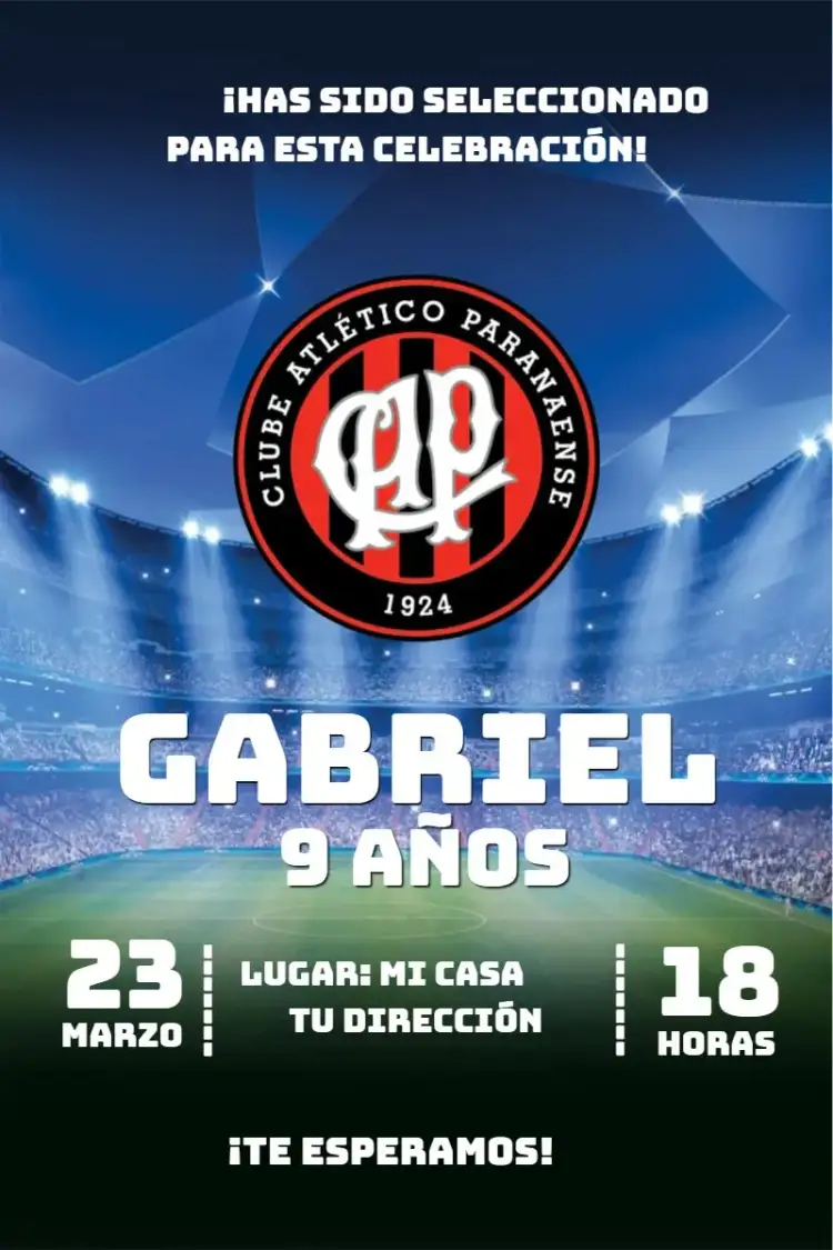 Invitación Atlético Paranaense 2 – tema Cumpleaños deportivo, vibrante, moderno, colorido, fútbol, juvenil