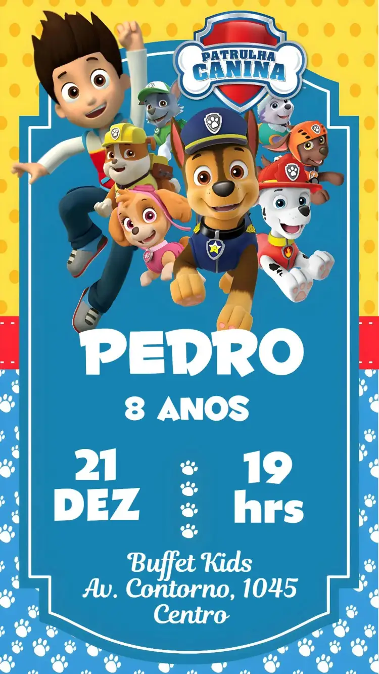 Invitación Patrulla Canina – tema Cumpleaños Infantil colorido, divertido, aventura, animales, infantil