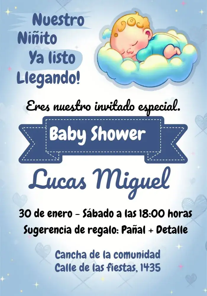 Invitación Baby Shower Angelito Baby – tema Baby Shower azul, angelito, infantil, delicado, moderno