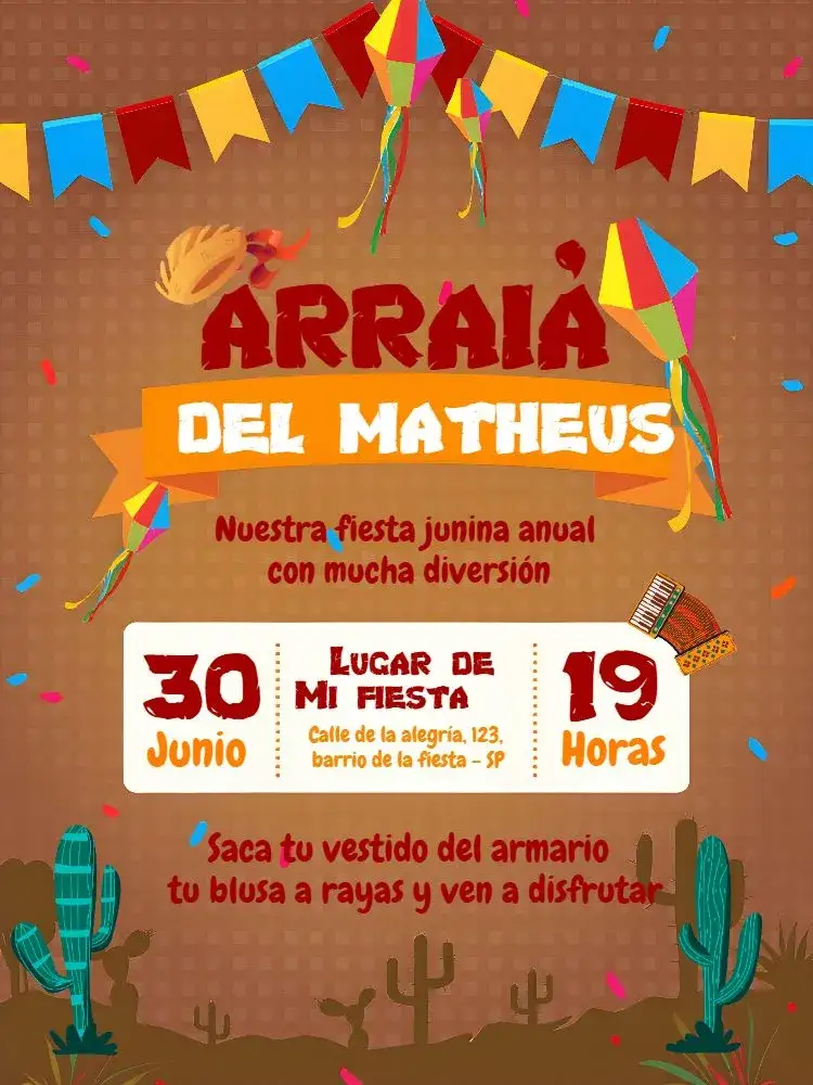 Invitación Para Fiesta Junina Arraiá São – tema Fechas Conmemorativas colorido, rústico, vintage, temático, festivo, tradicional