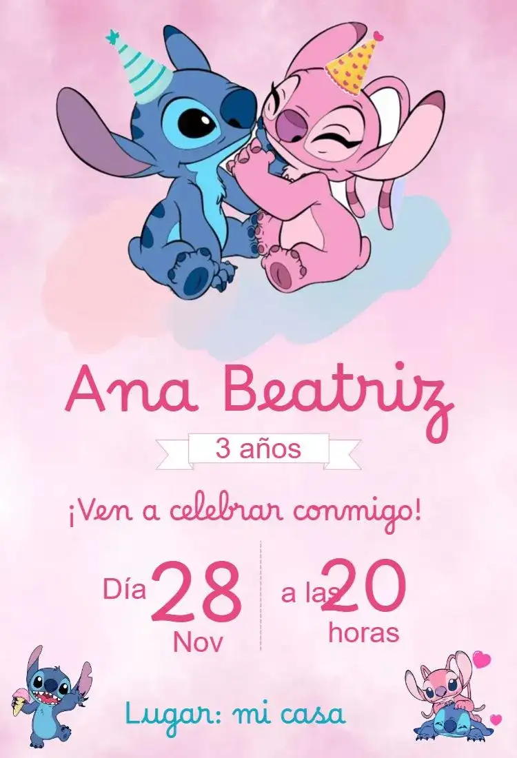 Invitación cumpleaños infantil Angel y Stitch
