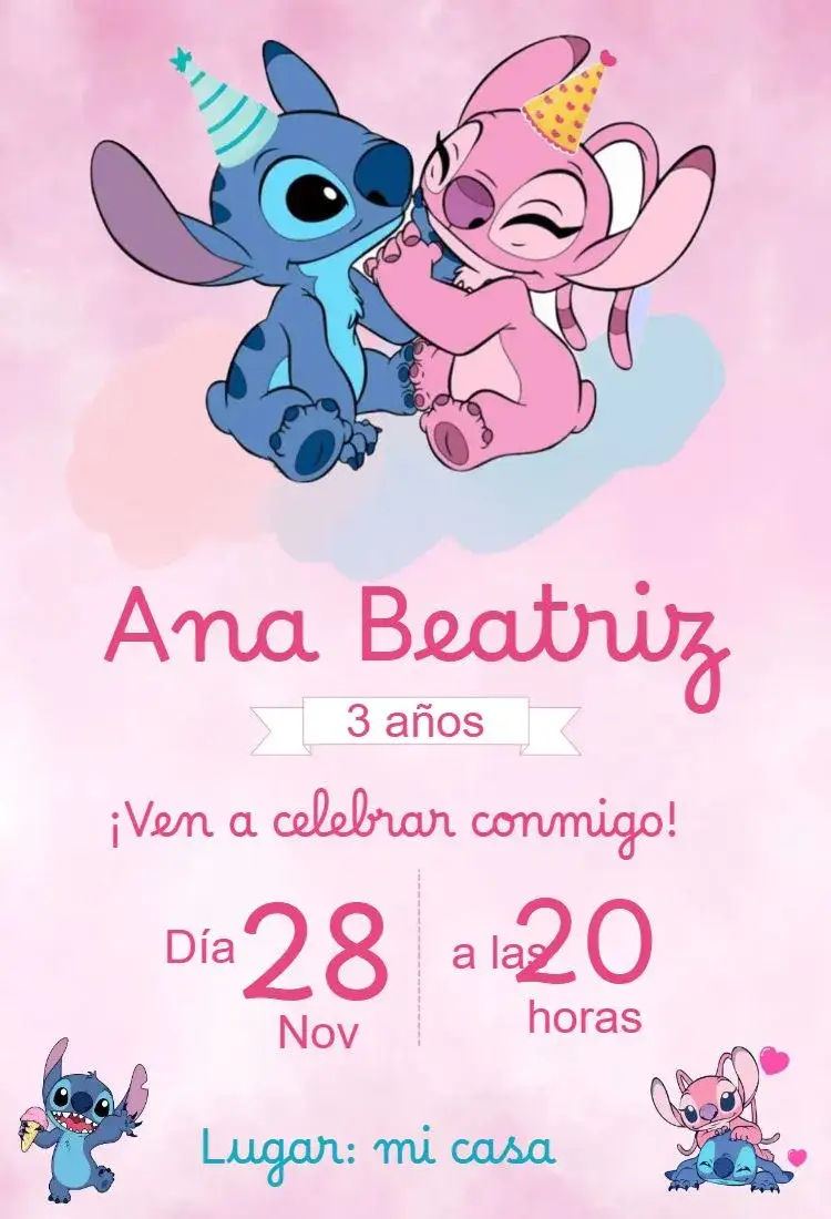 Invitación Invitación cumpleaños infantil Angel y Stitch – tema Cumpleaños Infantil bonito, colorido, divertido, lúdico, temático, moderno
