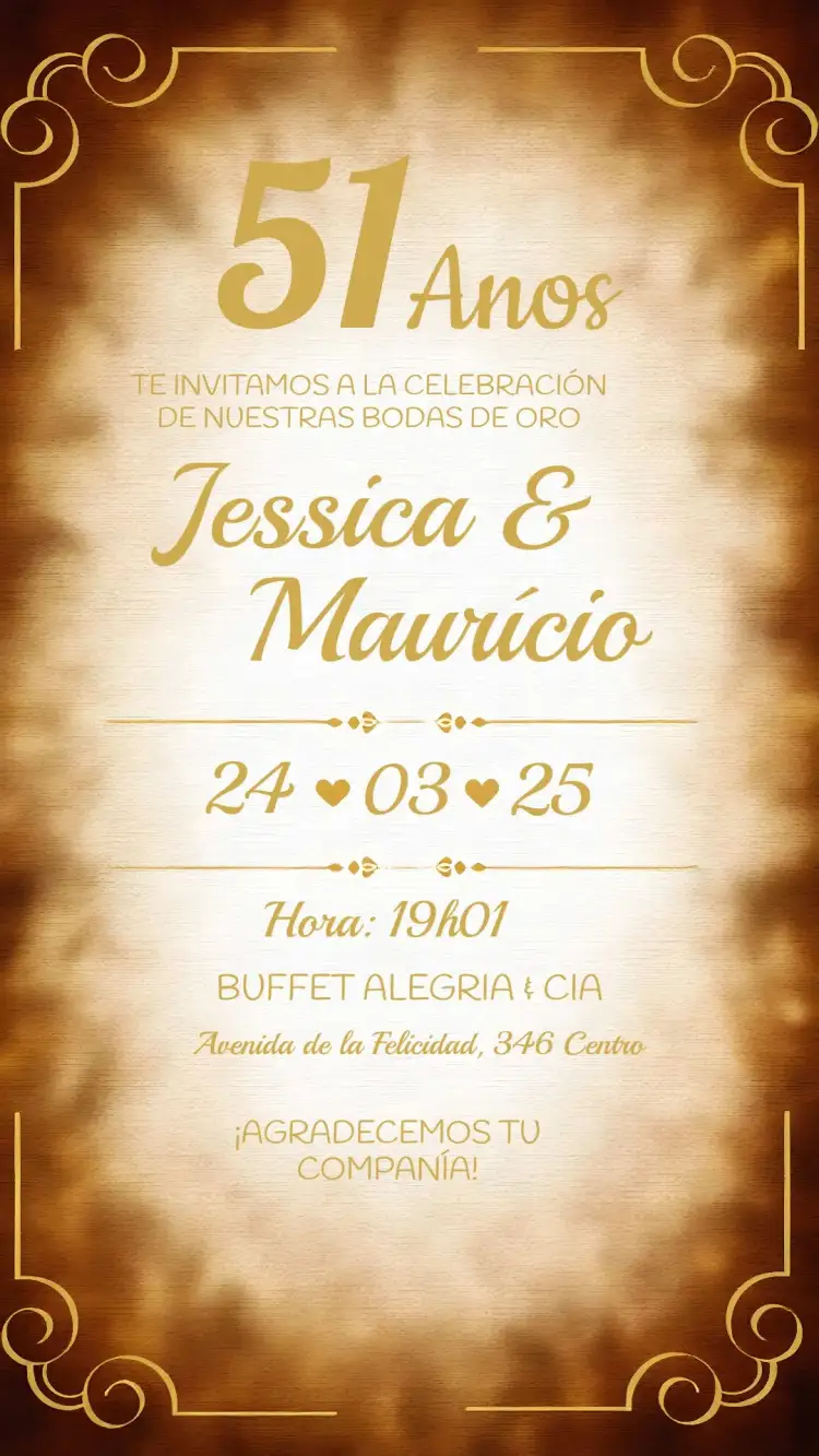 Invitación Bodas De Oro Matrimonio – tema Cumpleaños Infantil dorado, arabescos, elegante, clásico, romántico