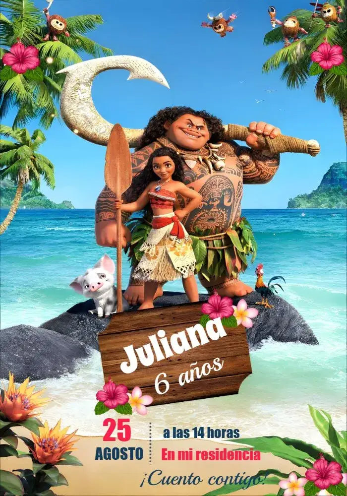 Invitación Moana Maui – tema Más buscados colorido, tropical, acuarela, marino, aventura, fantasía