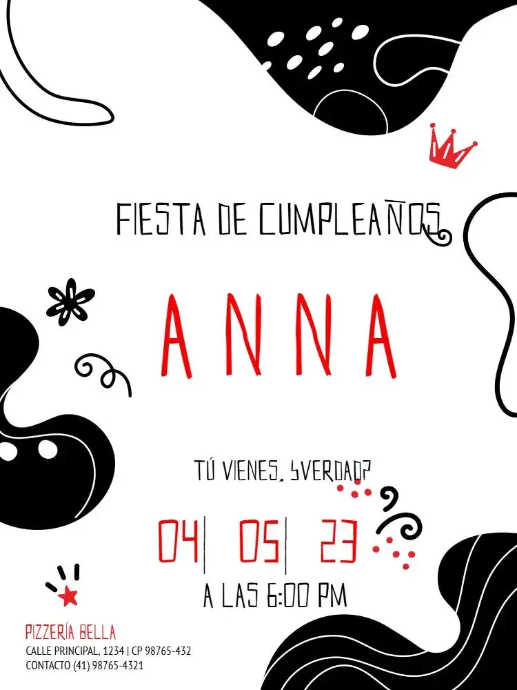 Invitación Diseño en Negro y Rojo – tema Cumpleaños Infantil moderno, divertido, minimalista, ilustración, colorido, infantil