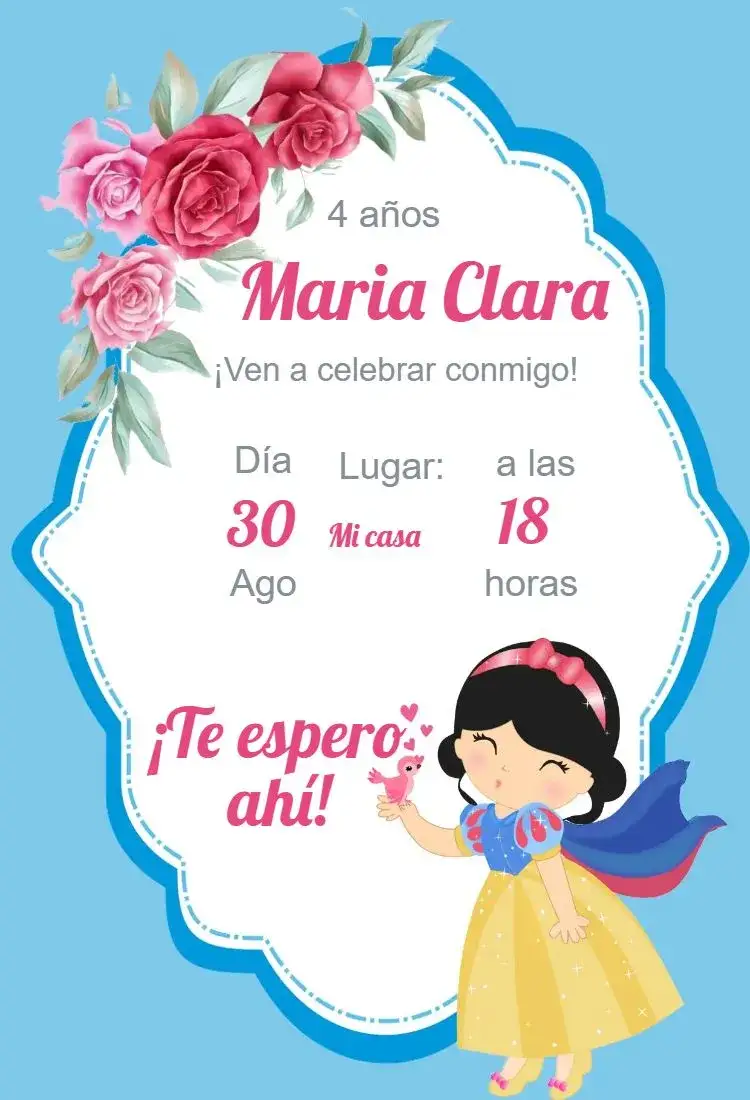 Invitación Invitación cumpleaños Blancanieves – tema Cumpleaños Infantil mágico, colorido, fantasía, infantil, princesa, cuento de hadas