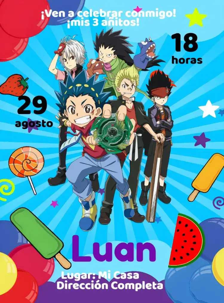 Invitación Beyblade Infantil – tema Cumpleaños Infantil moderno, divertido, colorido, temático, juegos, infantil