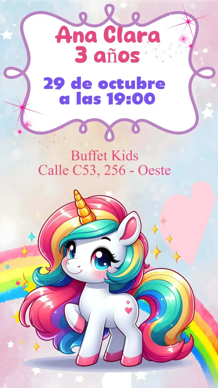 Invitación Unicornio – tema Cumpleaños Infantil mágico, colorido, fantasía, brillo, dulce, lúdico