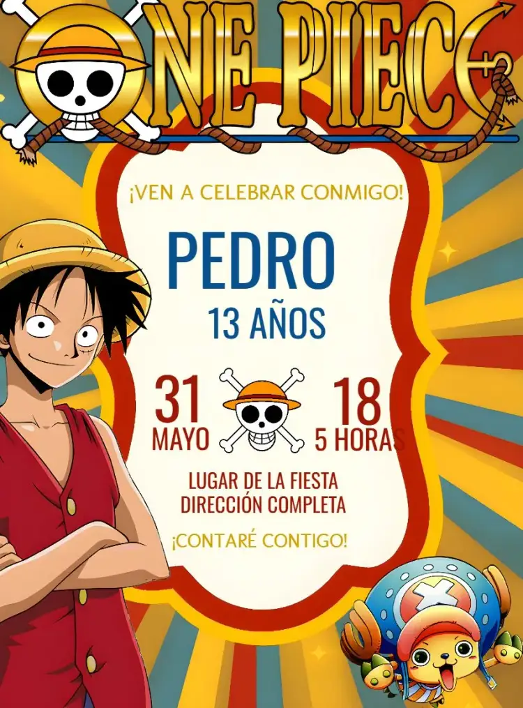 Invitación One Piece Pirata – tema Más buscados colorido, aventura, pirata, marítimo, anime, jovial