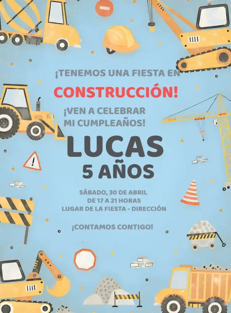Invitación Construcción Piedras – tema Té Rifa colores vibrantes, estilo divertido, elementos gráficos de construcción, tema infantil, diseño moderno