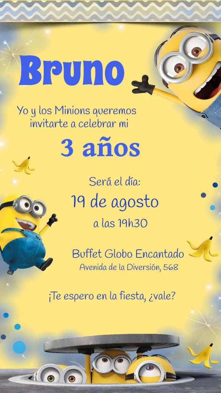Invitación Minions Azul – tema Más buscados divertido, colorido, infantil, moderno, temático
