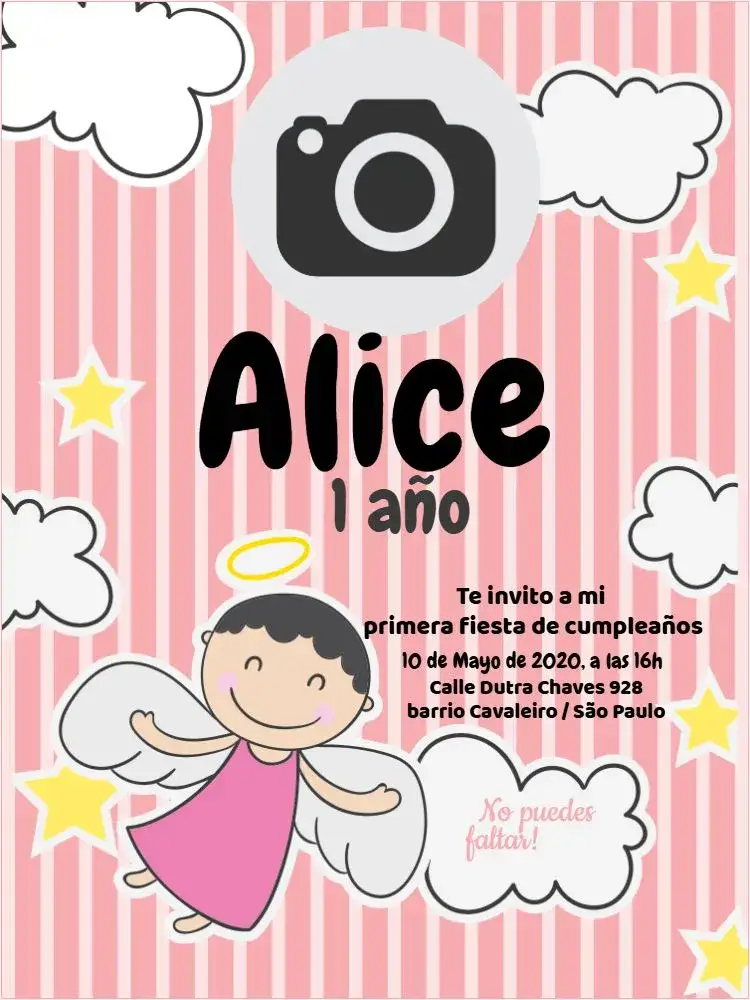 Invitación Angelito Niña Celebración – tema Baby Shower rosa suave, nubes esponjosas, estrellas brillantes, infantil, divertido, personalizado
