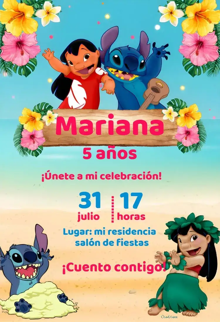 Invitación Lilo Y Stitch Digital – tema Más buscados tropical, colorido, playa, aloha, divertido, infantil