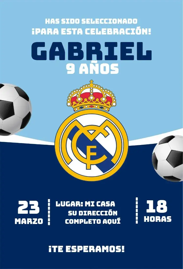 Invitación Real Madrid 2 – tema Cumpleaños fútbol, moderno, vibrante, deportivo, temático