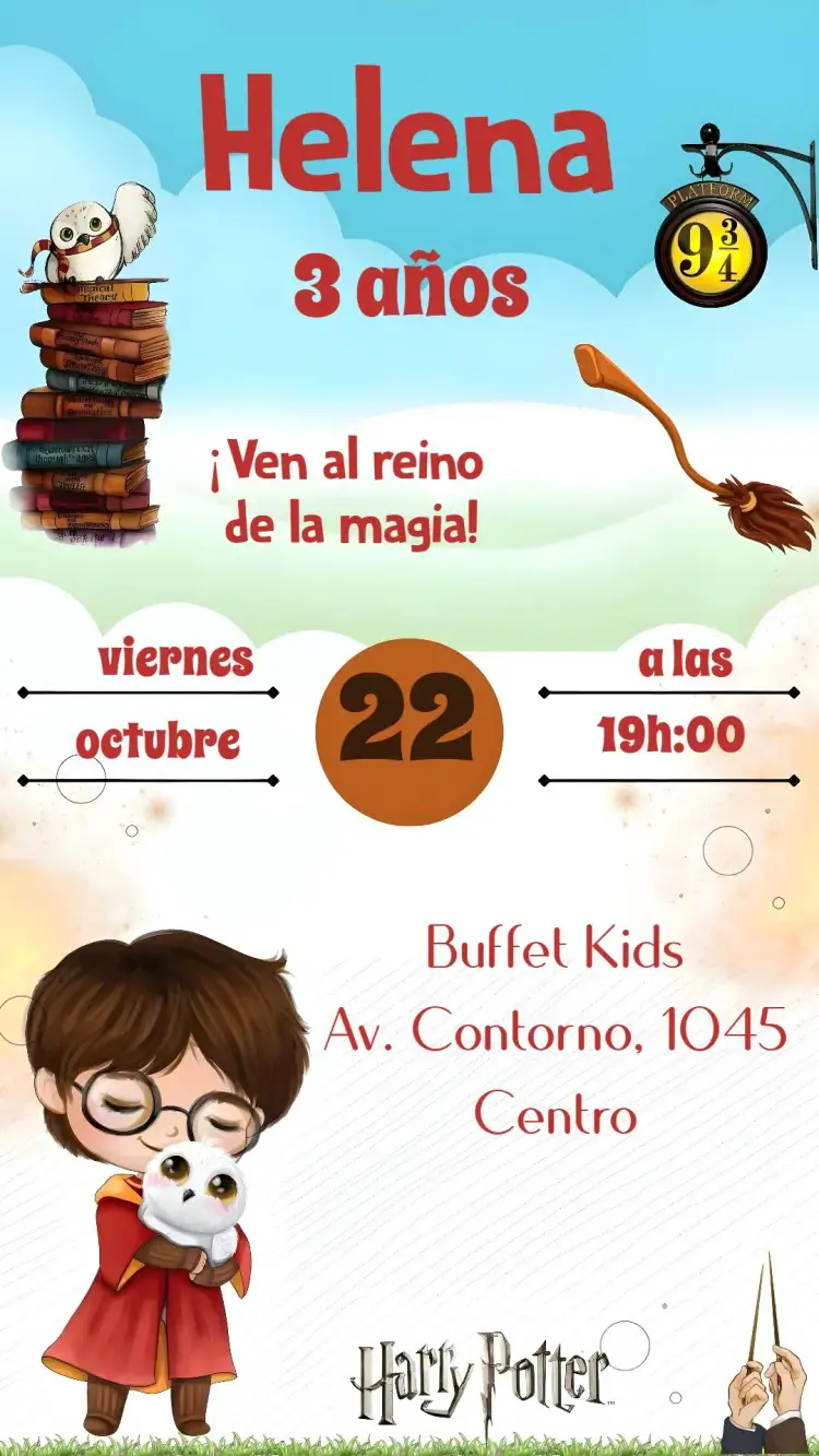 Invitación Harry Potter – tema Cumpleaños Infantil mágico, fantasía, aventura, vibrante, colorido