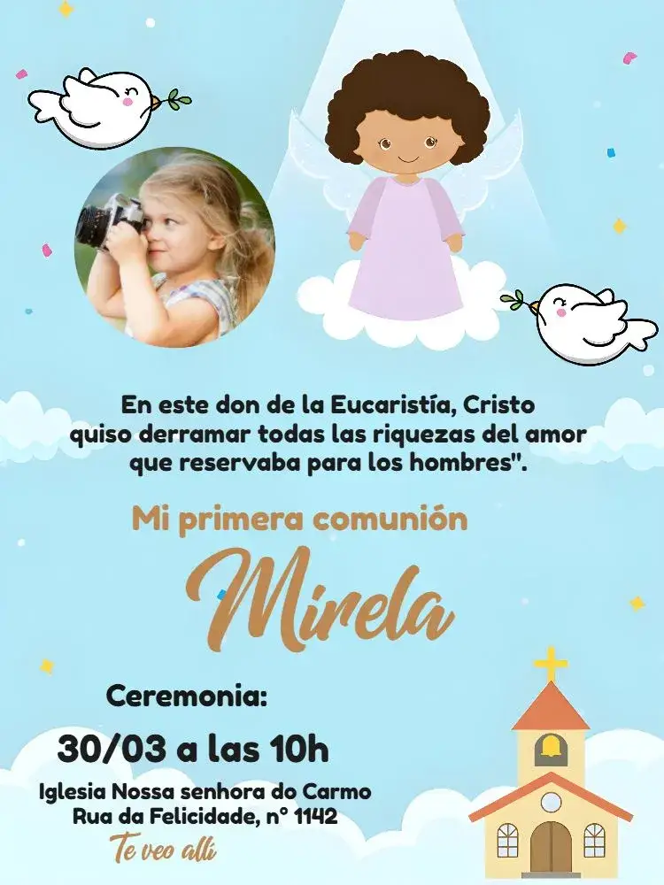 Invitación Primera Comunión Niña Con Foto – tema Primera Comunión delicado, religioso, suave, católico, infantil