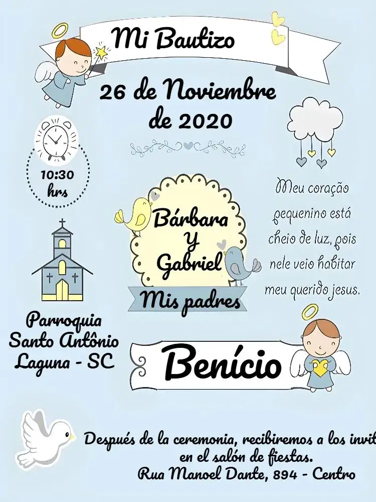 Invitación Bautizo Angelito Niño Azul – tema Bautismo azul, blanco, angelitos, pájaros, corazón, delicado