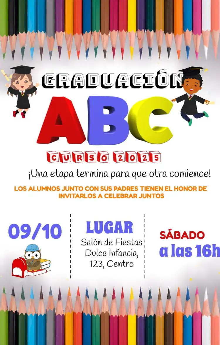 Invitación Graduación Infantil Abc – tema Graduación colorido, infantil, escolar, moderno, divertido
