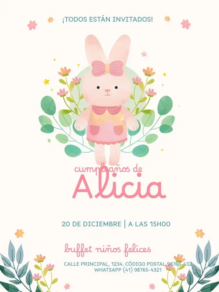 Invitación Infantil Femenino Conejita Floral Claro – tema Cumpleaños Infantil floral, delicado, lúdico, rosa, claro, feminino