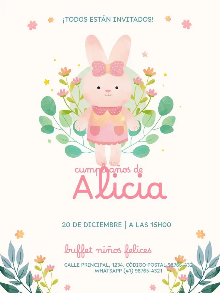 Invitación Infantil Femenino Conejita Floral Claro
