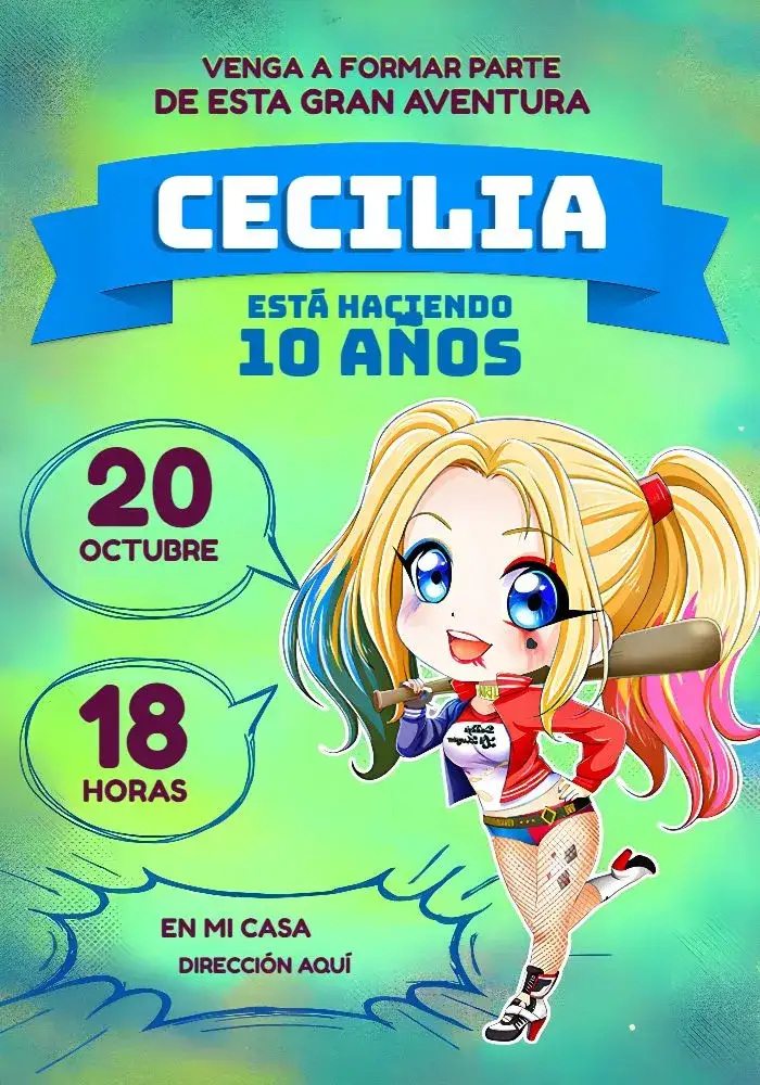 Invitación Arlequina Cómics – tema Cumpleaños Infantil colorido, cómico, moderno, divertido, juvenil, temático