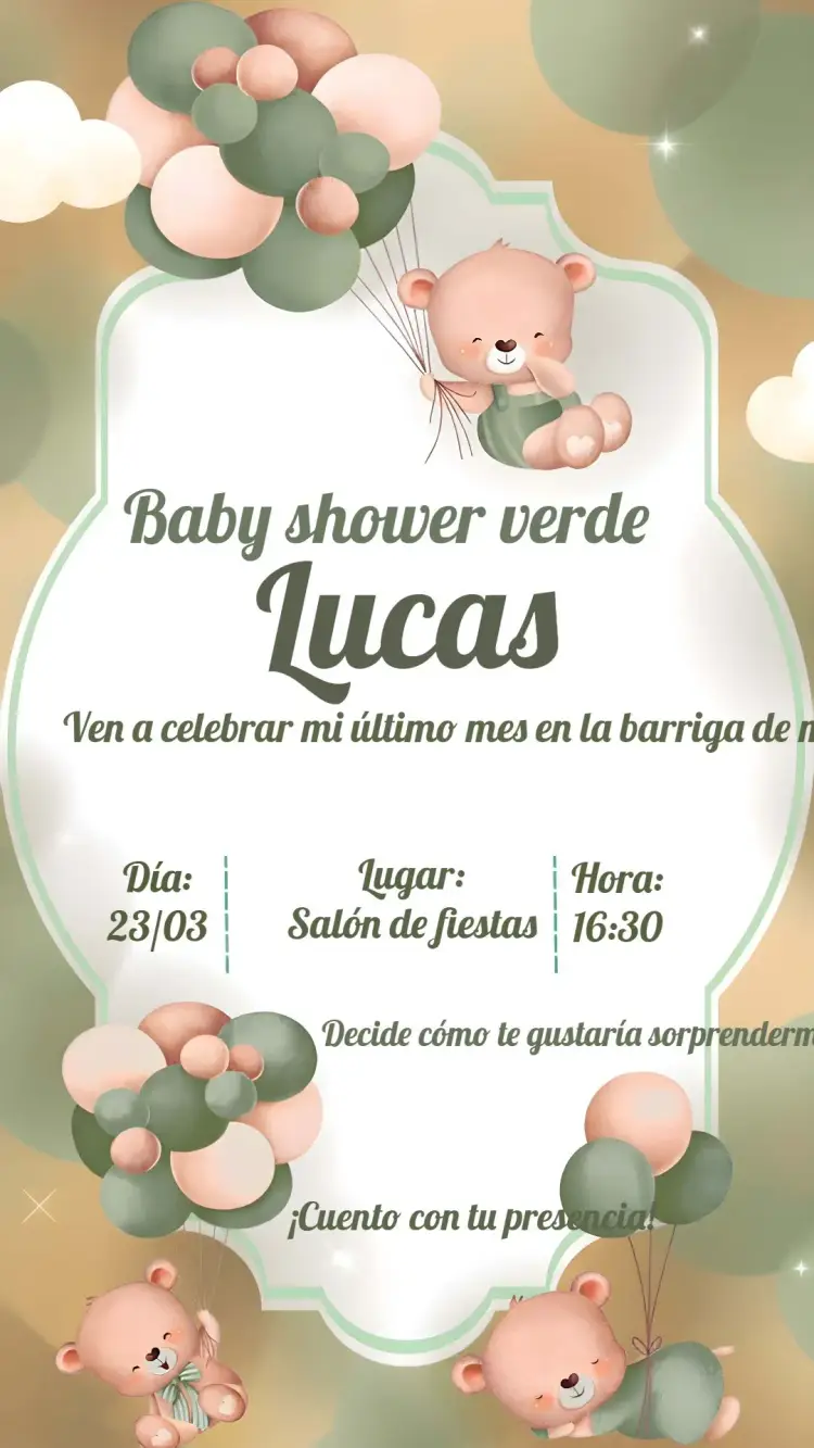 Invitación Baby Shower Oso Verde editable y personalizable