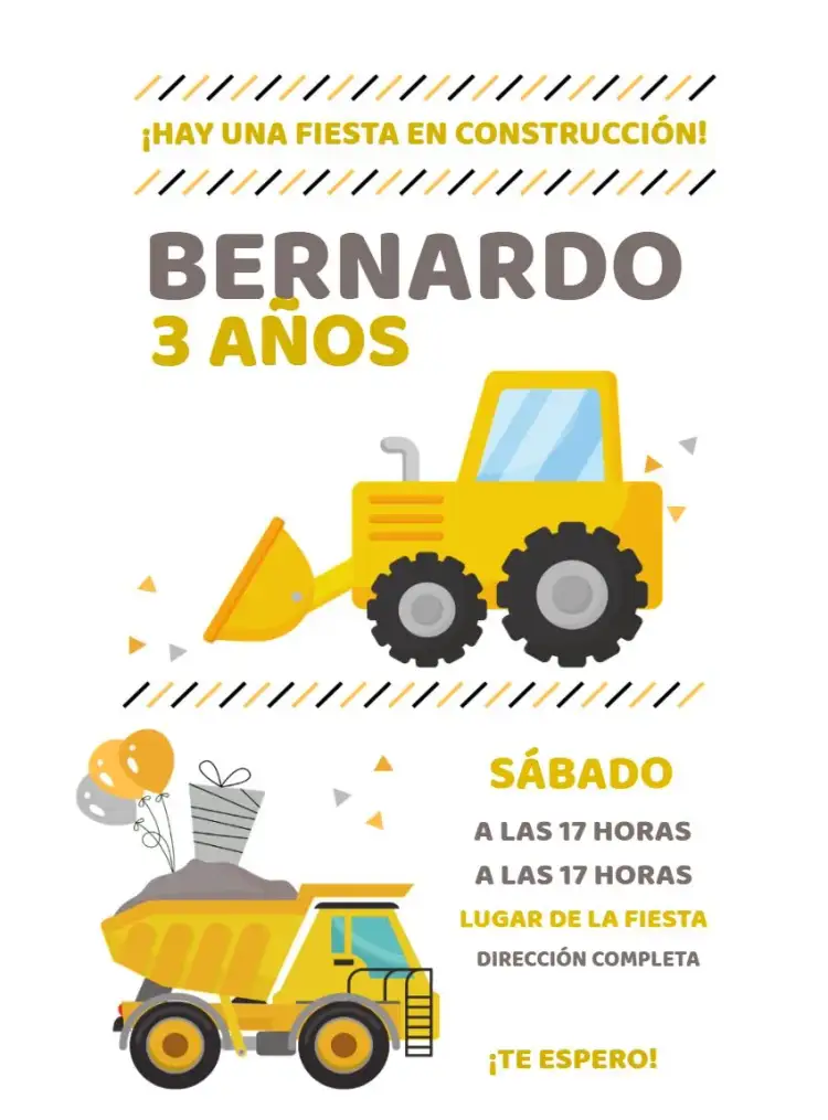 Invitación Construcción Tractor Obras – tema Té Rifa construcción, infantil, juguetes, colores vibrantes, temática divertida, elementos gráficos de obras