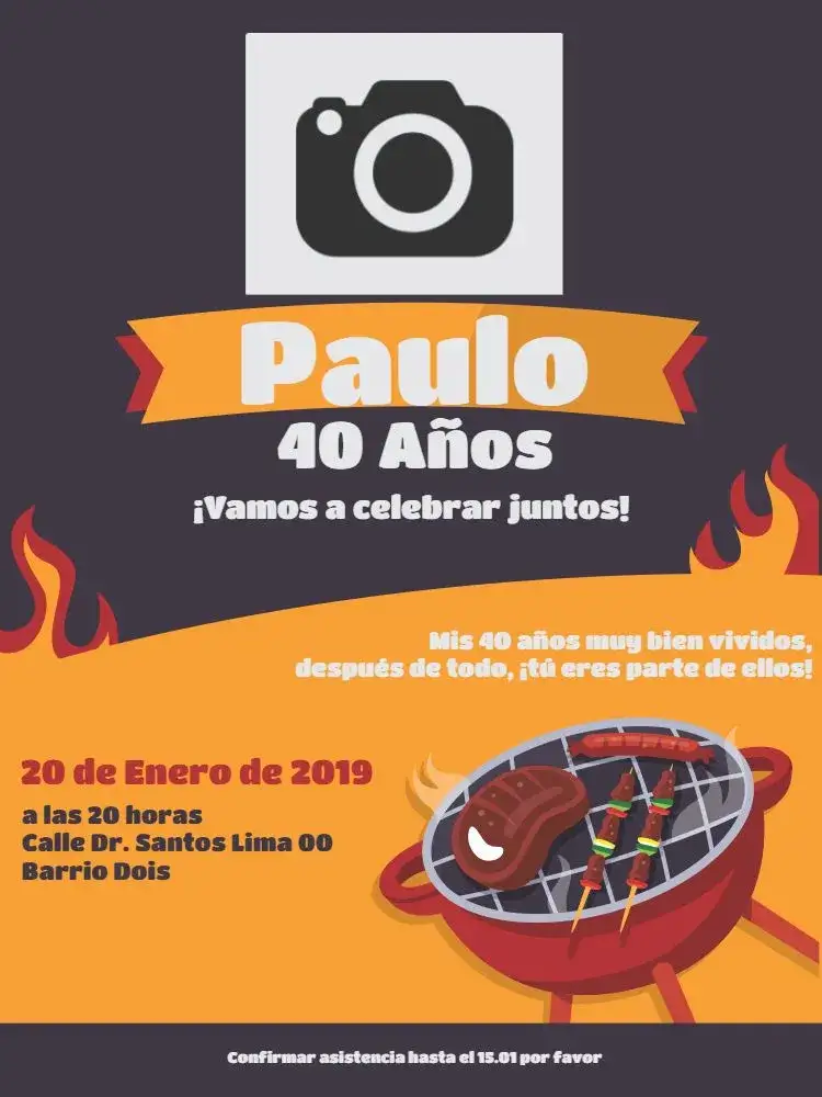 Invitación Barbacoa Digital – tema Más buscados moderno, informal, animado, estilo rústico, colores cálidos, elementos gráficos de fuego