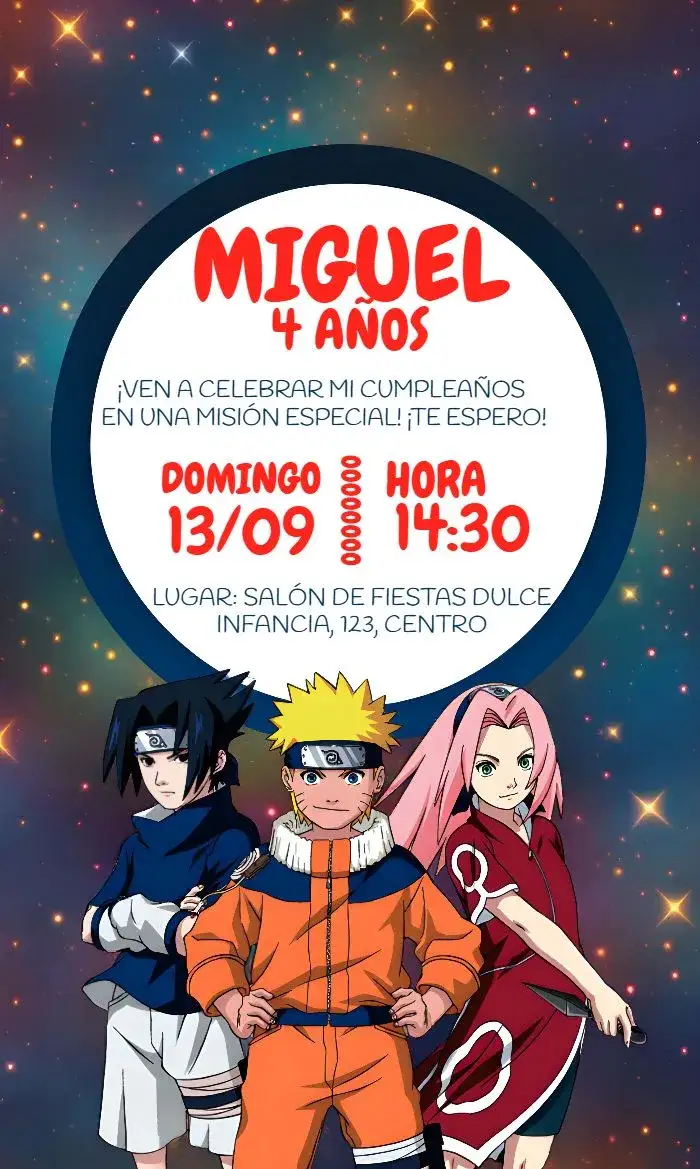 Invitación Naruto Shippuden Kakashi – tema Cumpleaños Infantil ninja, anime, colorido, temático, moderno