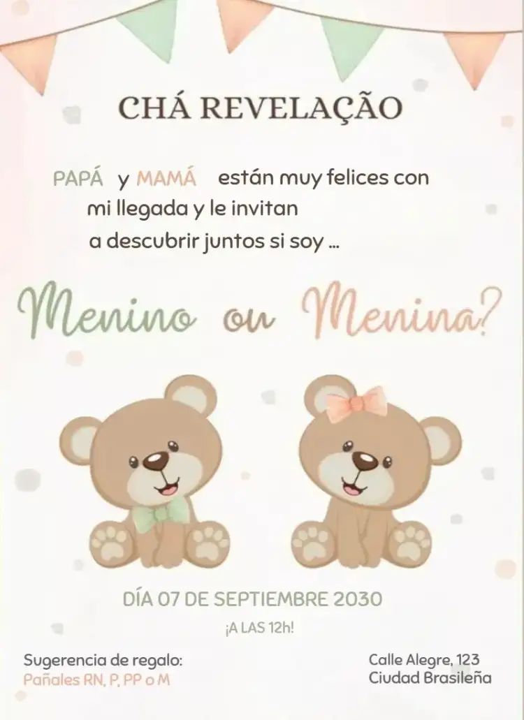 Invitación Niño o niña ositos – tema Revelación Bebé bonito, colorido, infantil, lúdico, moderno, alegre