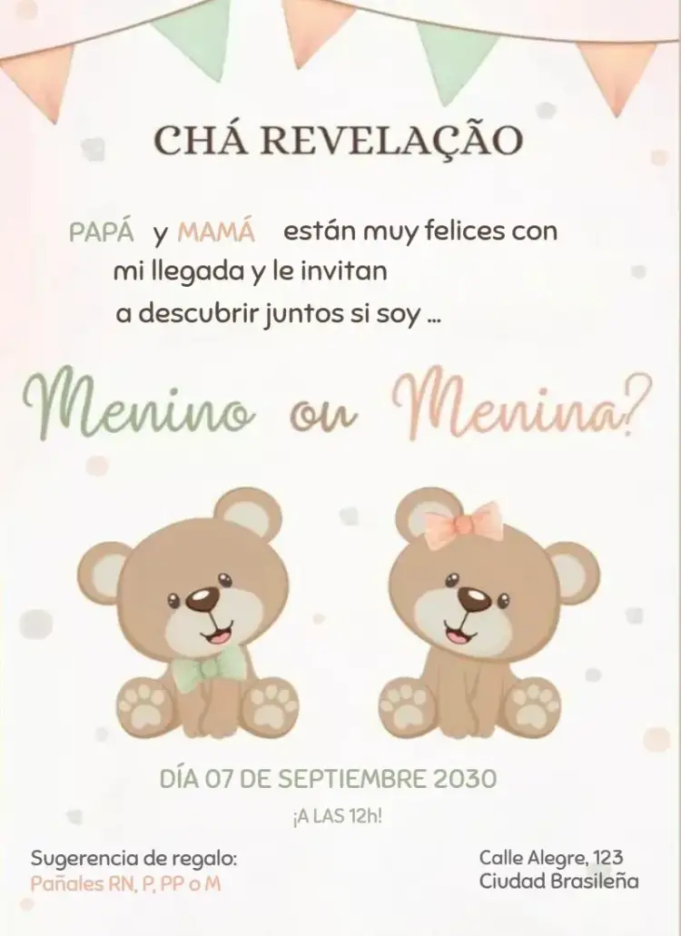 Invitación Niño o niña ositos editable y personalizable