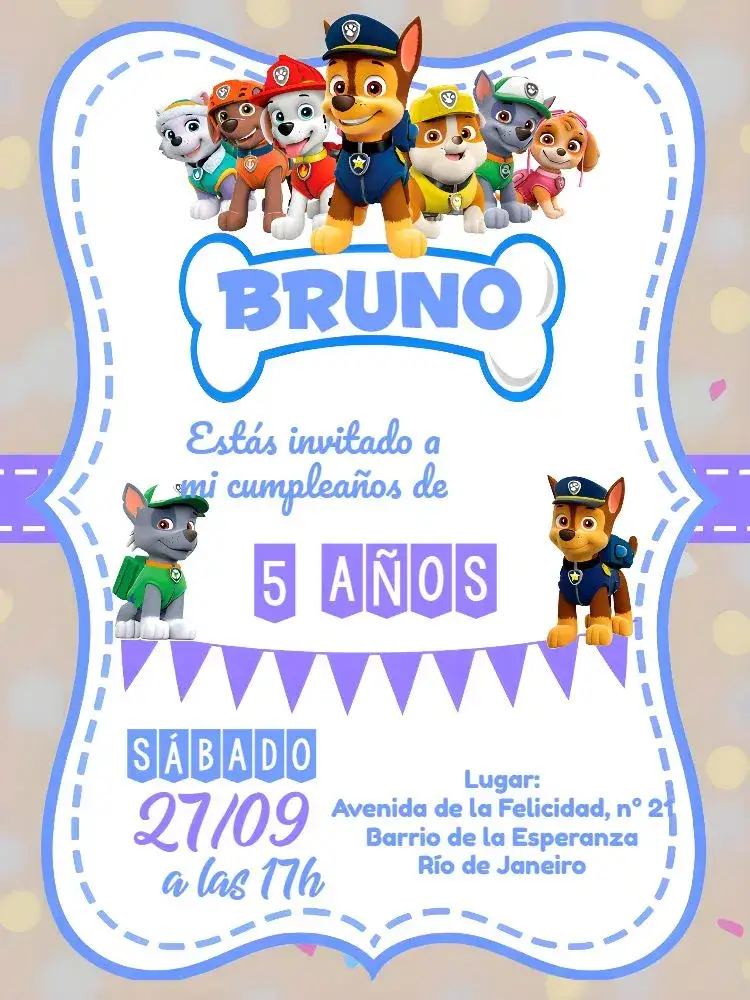 Invitación Marco de Patrulla Canina – tema Cumpleaños Infantil azul, blanco, morado, azul marino, a rayas, infantil