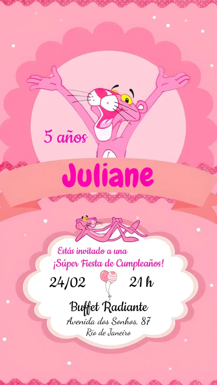 Invitación Pantera Rosa – tema Cumpleaños Infantil colores vibrantes, estilo lúdico, elementos gráficos divertidos, tema de pantera, diseño colorido, estética alegre